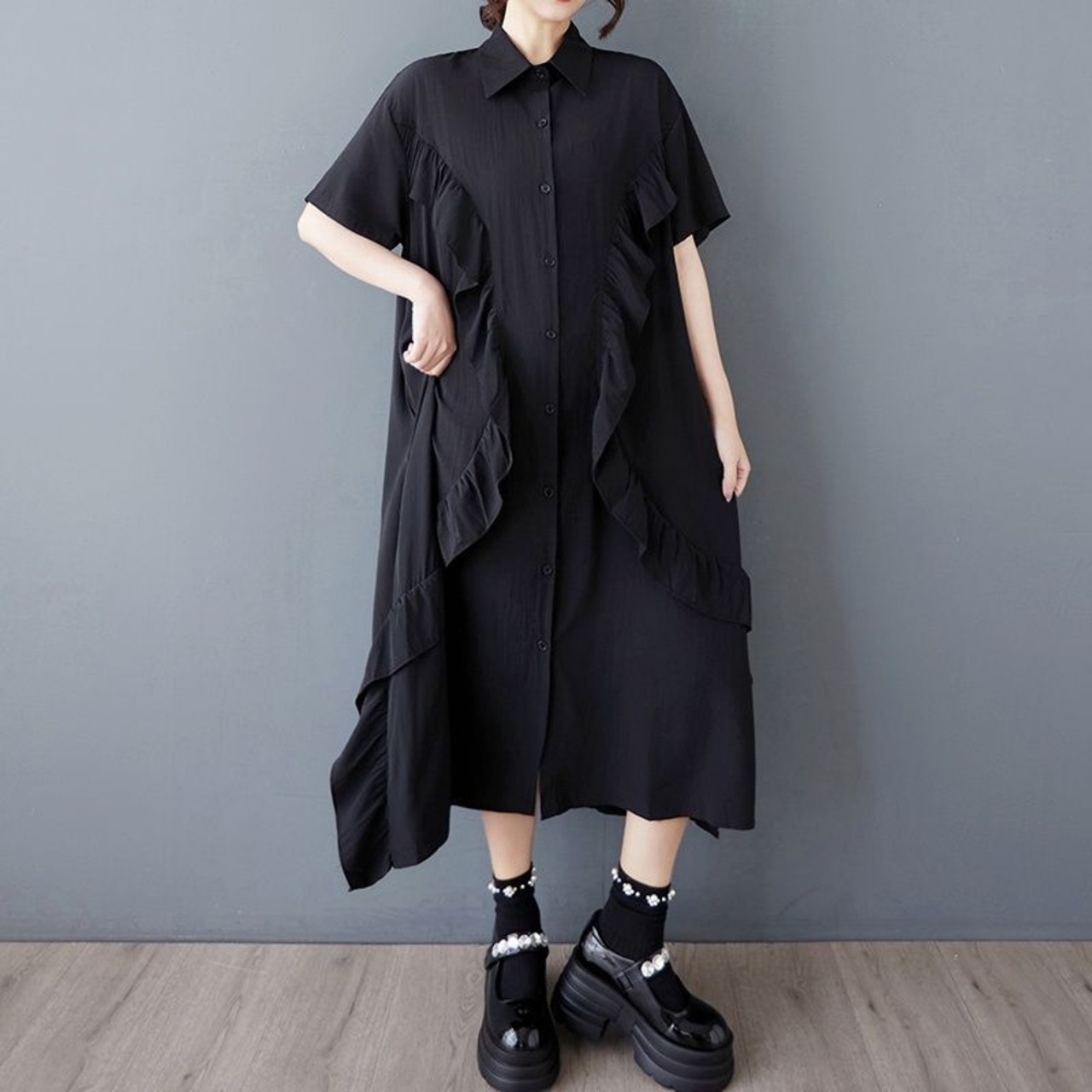 フロントフリル シャツワンピース 30076