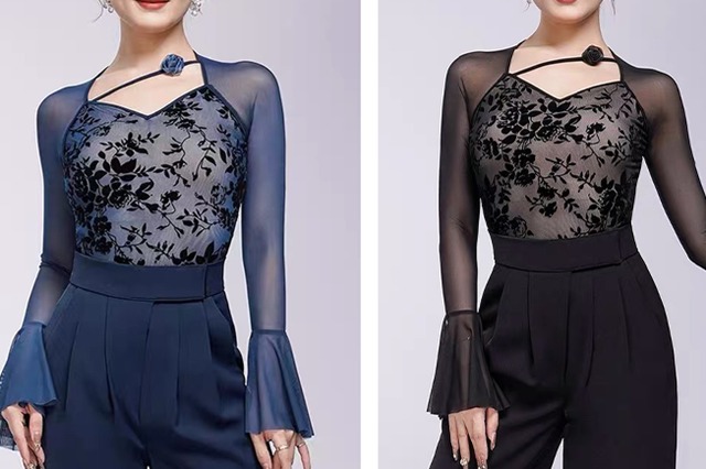 フラワープリント ロングスリーブ フレアスリーブ（ レオタードタイプ）  ds1445