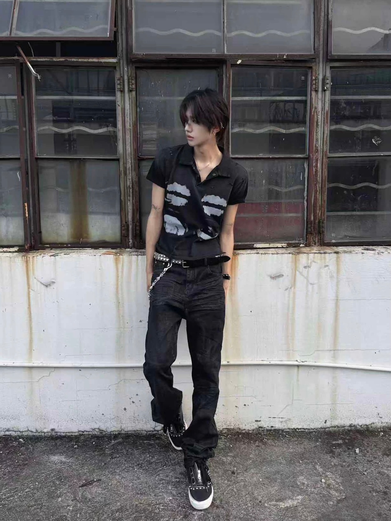 【CinderVein】X-Ray Teeth Distressed Polo Shirt