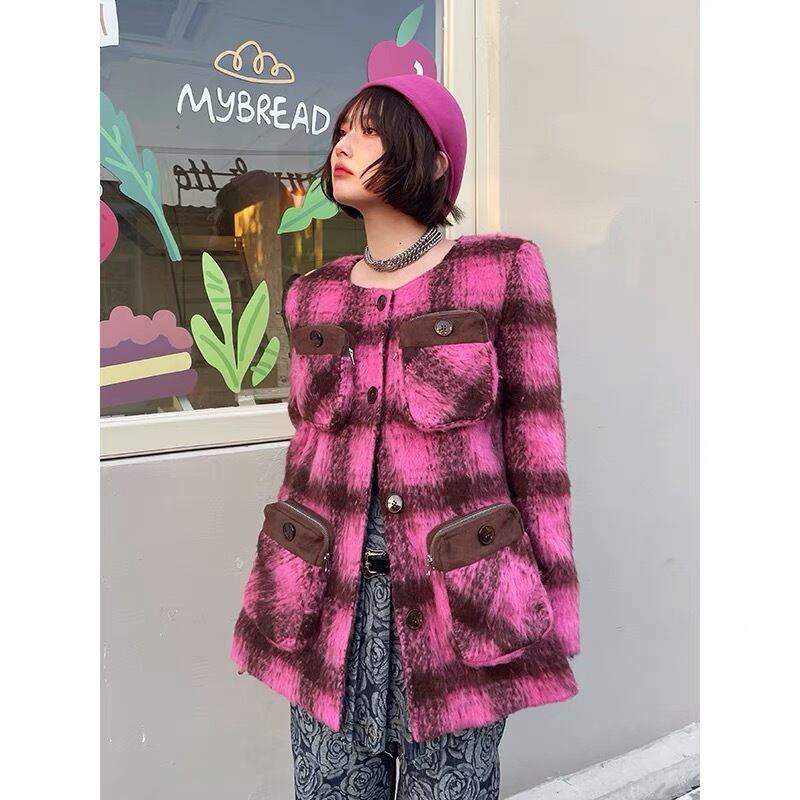 コート チェック 茶色 ピンク 可愛い 原宿 渋谷 JK カジュアル