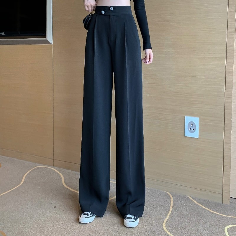 黒のハイウエストスーツパンツ女性の夏の薄いセクションストレートルーズで薄いモップワイドレッグパンツカジュアルドレープパンツ ブラックストロベリース466609357