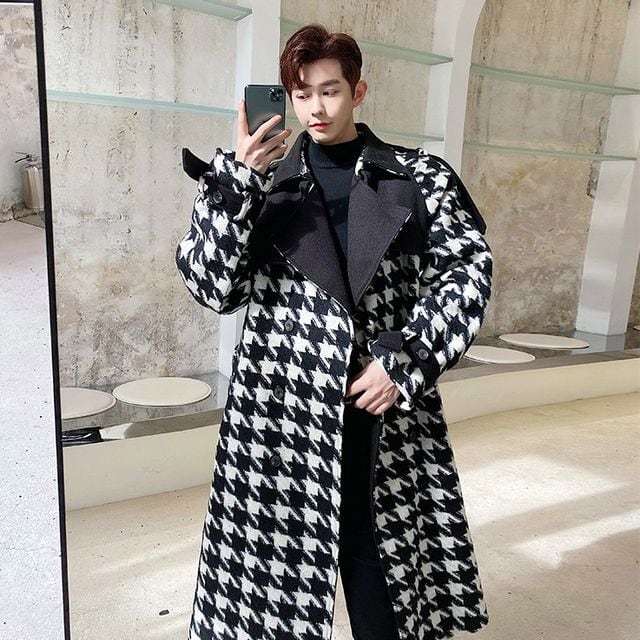 予約販売】トレンチコート 千鳥格子柄 モノトーン アウター ロング丈