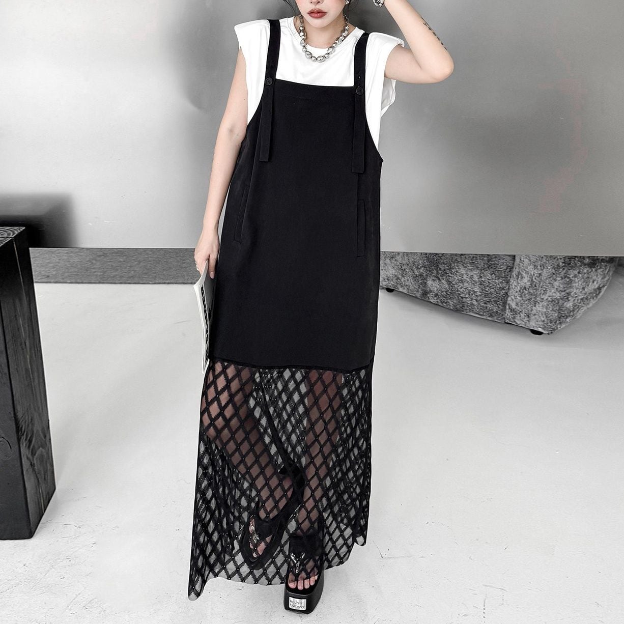 MESH CONTRAST SUSPENDER MIDI LAYERED DRESS M-17193