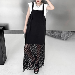 MESH CONTRAST SUSPENDER MIDI LAYERED DRESS M-17193