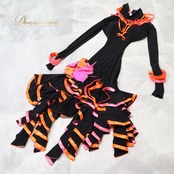 社交ダンス 衣装 ラテン ドレス ワンピース ブラック系 ピンク系 オレンジ系 黒 ピンク オレンジ フリル デモ 競技 ダンス パーティ 発表会 おしゃれ かわいい 女性用 舞台衣装