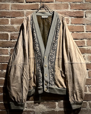 【Caka act3】80's〜90's Knit Switching Euro Vintage Loose Nubuck Leather Cardigan Jacket