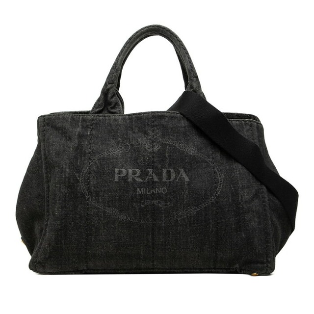 プラダ 三角ロゴプレート カナパ トートバッグ ショルダーバッグ 2WAY B2642B ブラック ネロ デニム レディース PRADA 中古