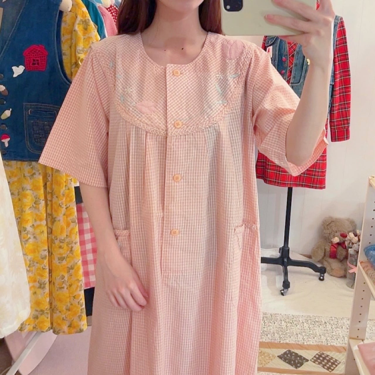 orange gingham check flower one-piece