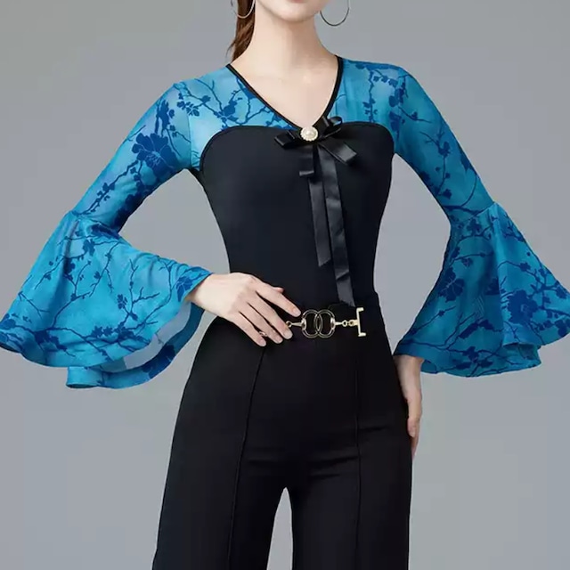 フラワーシフォン ベルスリーブ リボン トップス(レオタードタイプ) ds1021