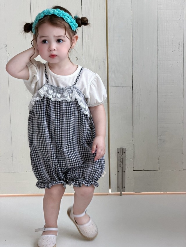 予約：Mono check lace rompers set〔my daughter〕