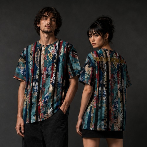 和紋様装飾ストライプ　ブルー　和柄ユニセックス 180G Performance Tシャツ