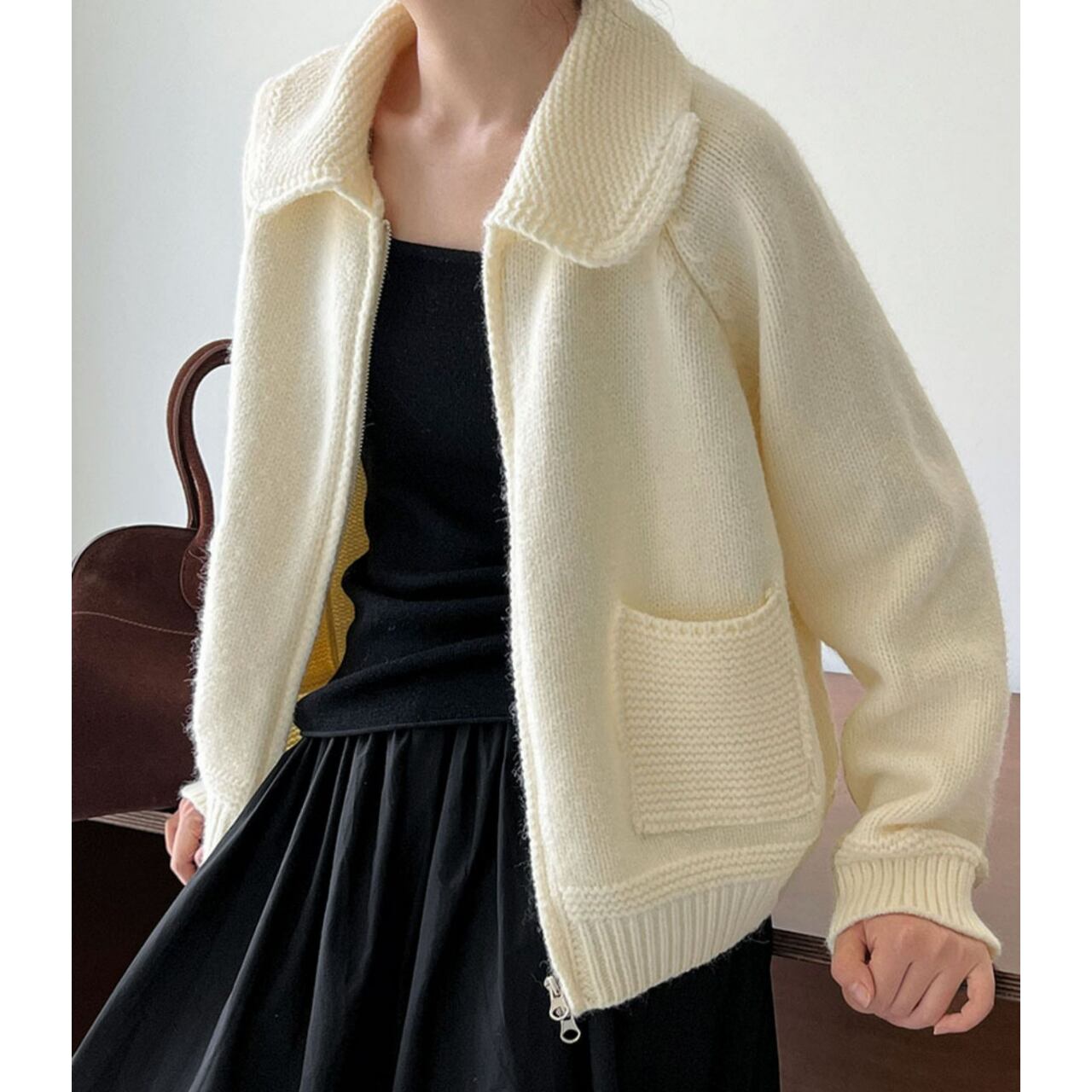 リブ編みジップアップニット a0556