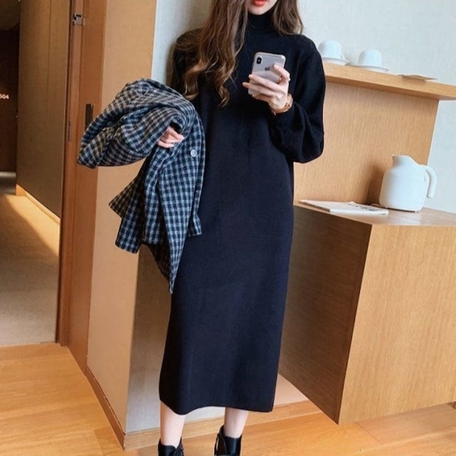 140cm以下〜　スタンドカラーミッドレングスニットワンピース