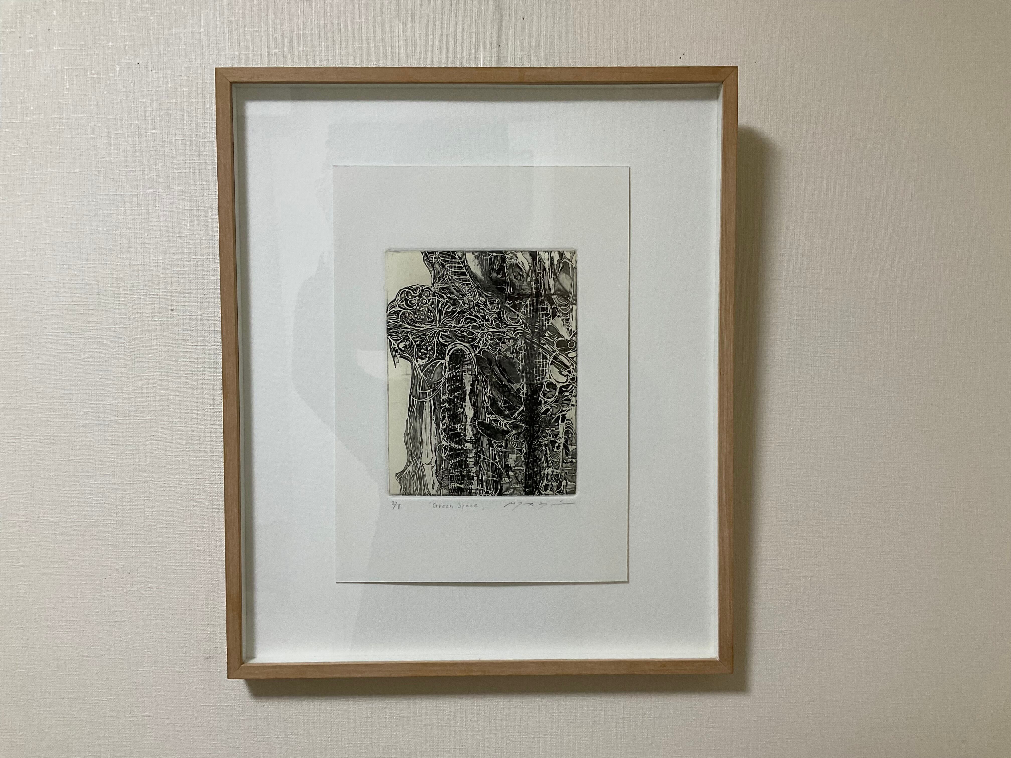 Green land ,intaglio print with frame 緑地 銅版画 エッチング