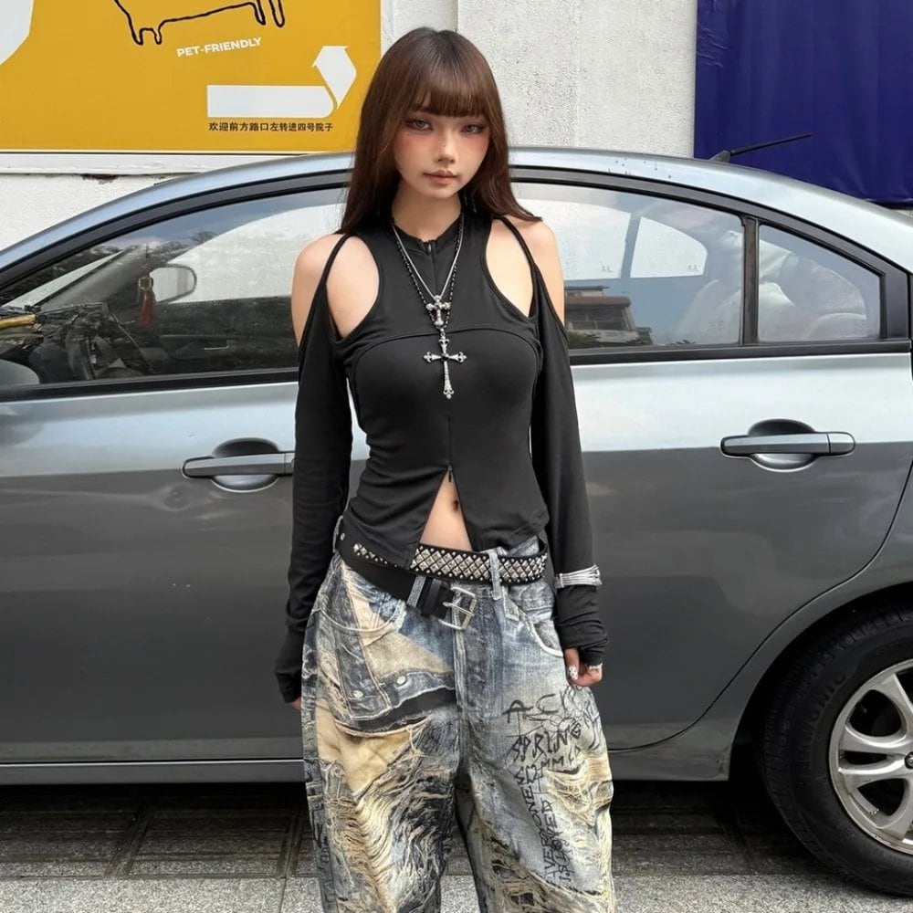 SylCue セクシーな中空デザイン Tシャツ女性 o ネックオフショルダーフルスリーブへそ露出ホットガールズハイストリートファッションスタイルトップス