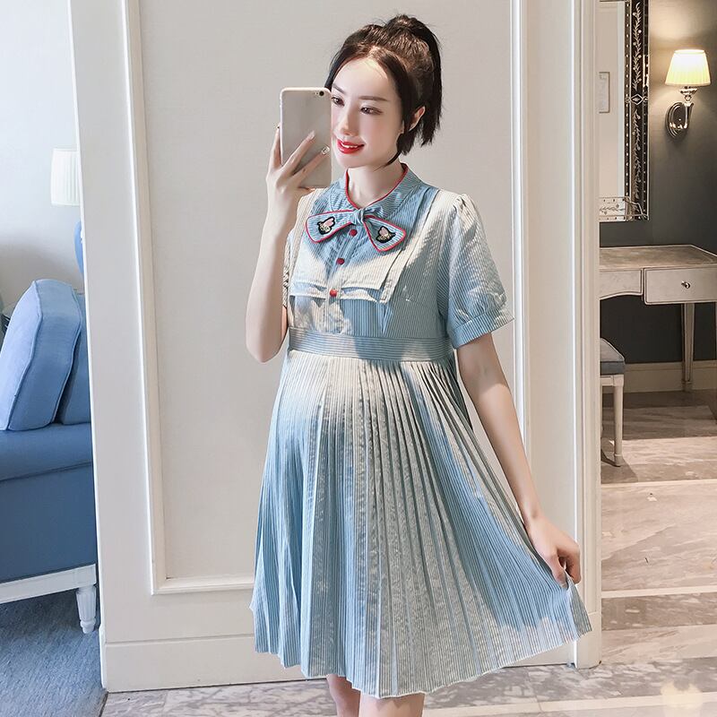 【新作】【送料無料】 新しいファッションプリーツストライプ刺繍ルーズミドル丈とラージサイズのマタニティドレスのマタニティウェア2019夏バージョン-アリババ 大きめサイズ サマー 夏物 expec272573709468