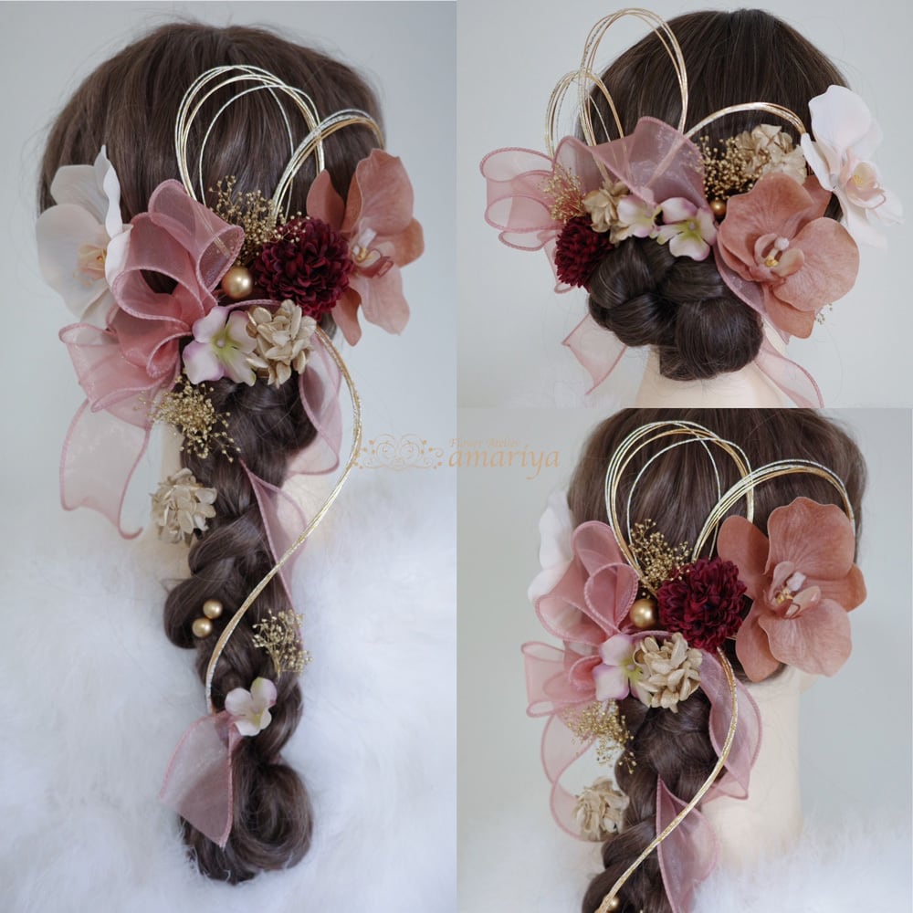 髪飾り　２色の胡蝶蘭とマムのヘッドパーツ | プリザーブドフラワー専門店amariya