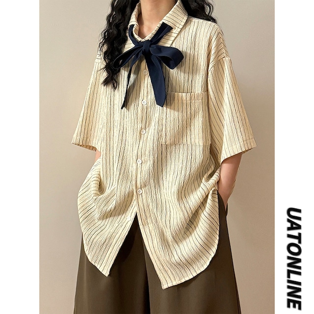 【UATONLINEシリーズ】★シャツ★ 2color ネクタイ付き トップス 半袖シャツ トップス 男女兼用 メンズ 縦縞 縞模様