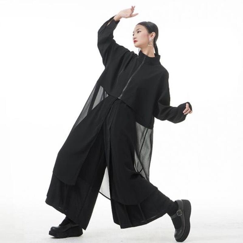 即納 フリーサイズ モード系 ロングカーディガン シャツ 長袖 ZIPアップ 大人きれいめ