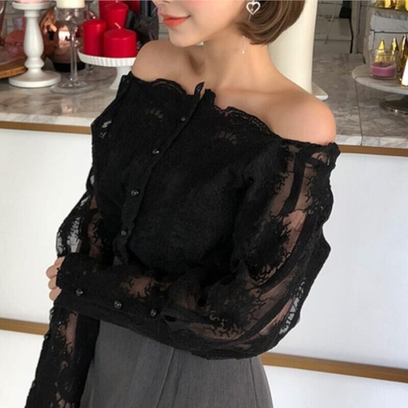 トップス ブラウス 長袖 スクエアネック オフショルダー レース 刺繍