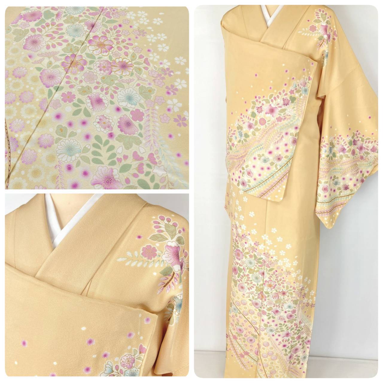 辻が花 金駒刺繍 京友禅 訪問着 正絹 黄色 紫 ピンク パステルカラー 