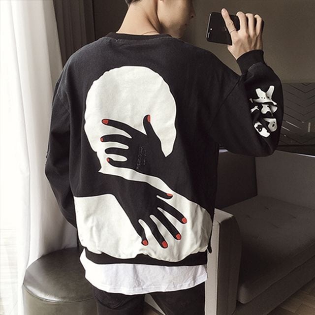 【予約販売】カットソー 長袖 デニム生地 重ね着風 レイヤード メンズ バックプリント こなれ感 お洒落 エレガント 韓国 トレンド 春 M/L/2XL