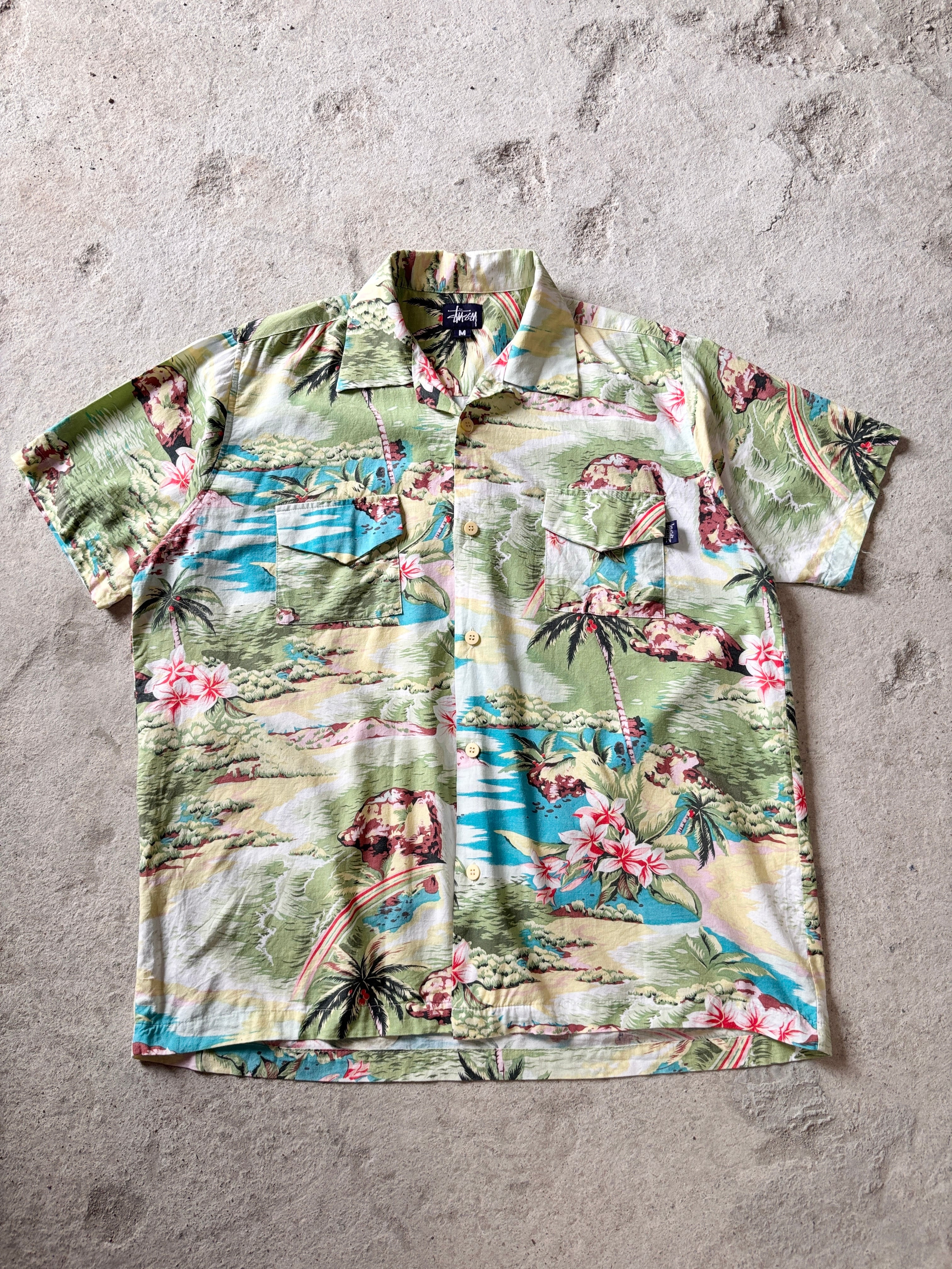 90～00s OLD STUSSY/ALOHA Shirt/紺タグ/M(L相当)/アロハシャツ/開襟