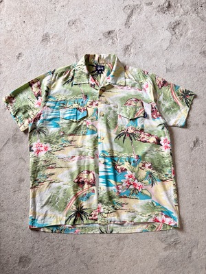 90～00s OLD STUSSY/ALOHA Shirt/紺タグ/M(L相当)/アロハシャツ/開襟シャツ/半袖/総柄/ステュ－シ－/オ－ルドステューシー