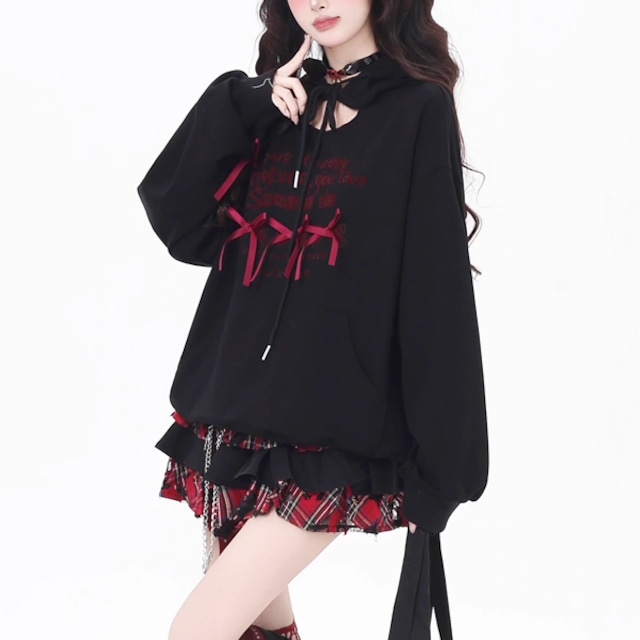 レッドリボンアクセフーディプルオーバー(2カラーあり)(lli_6323)