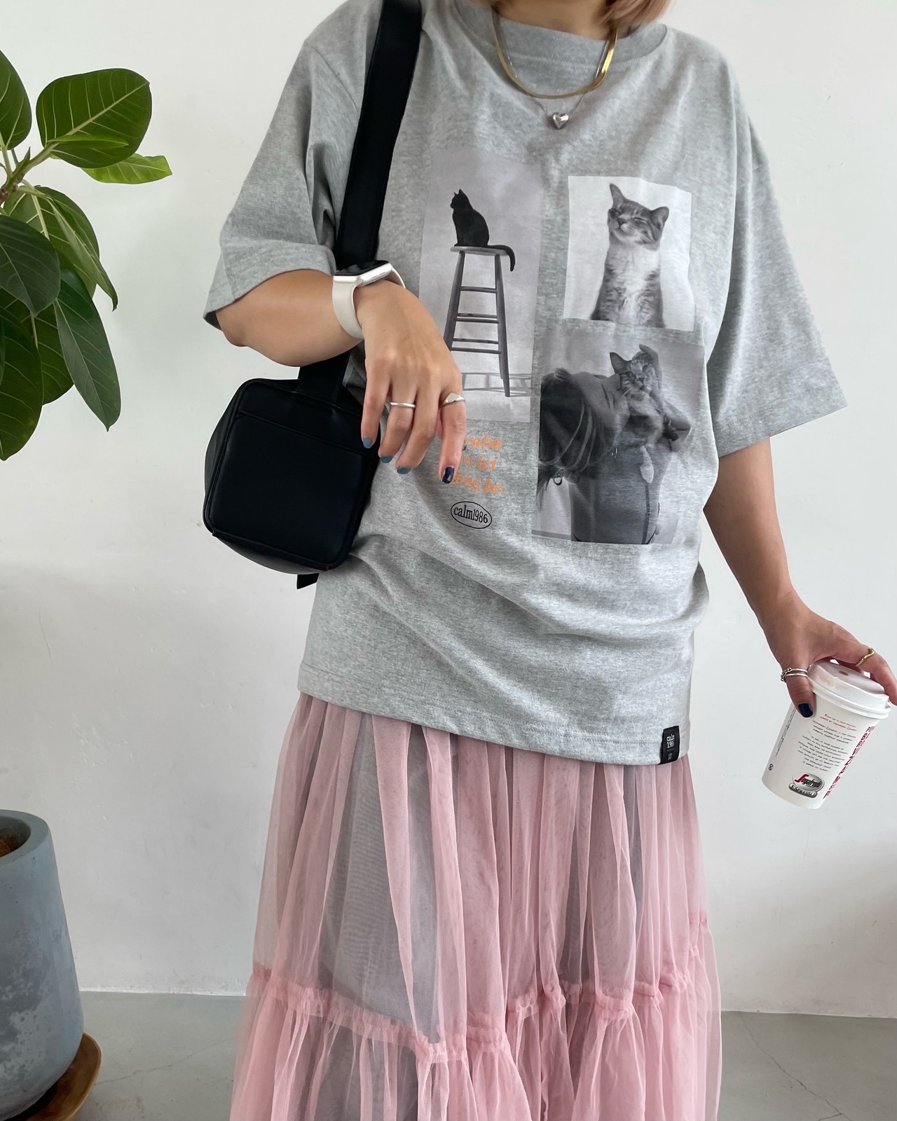 【calm original】relax fit cat photo tee <2color>