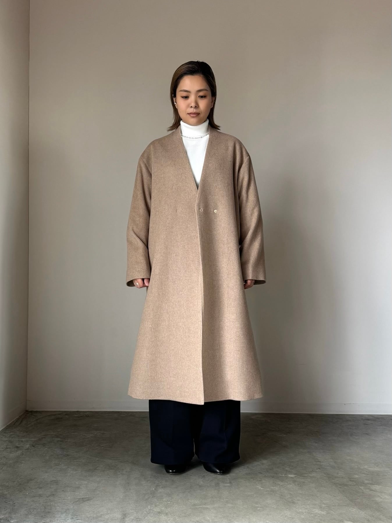 ANGELINA アンジェリーナ【ノーカラーロングコート】 | LARGE
