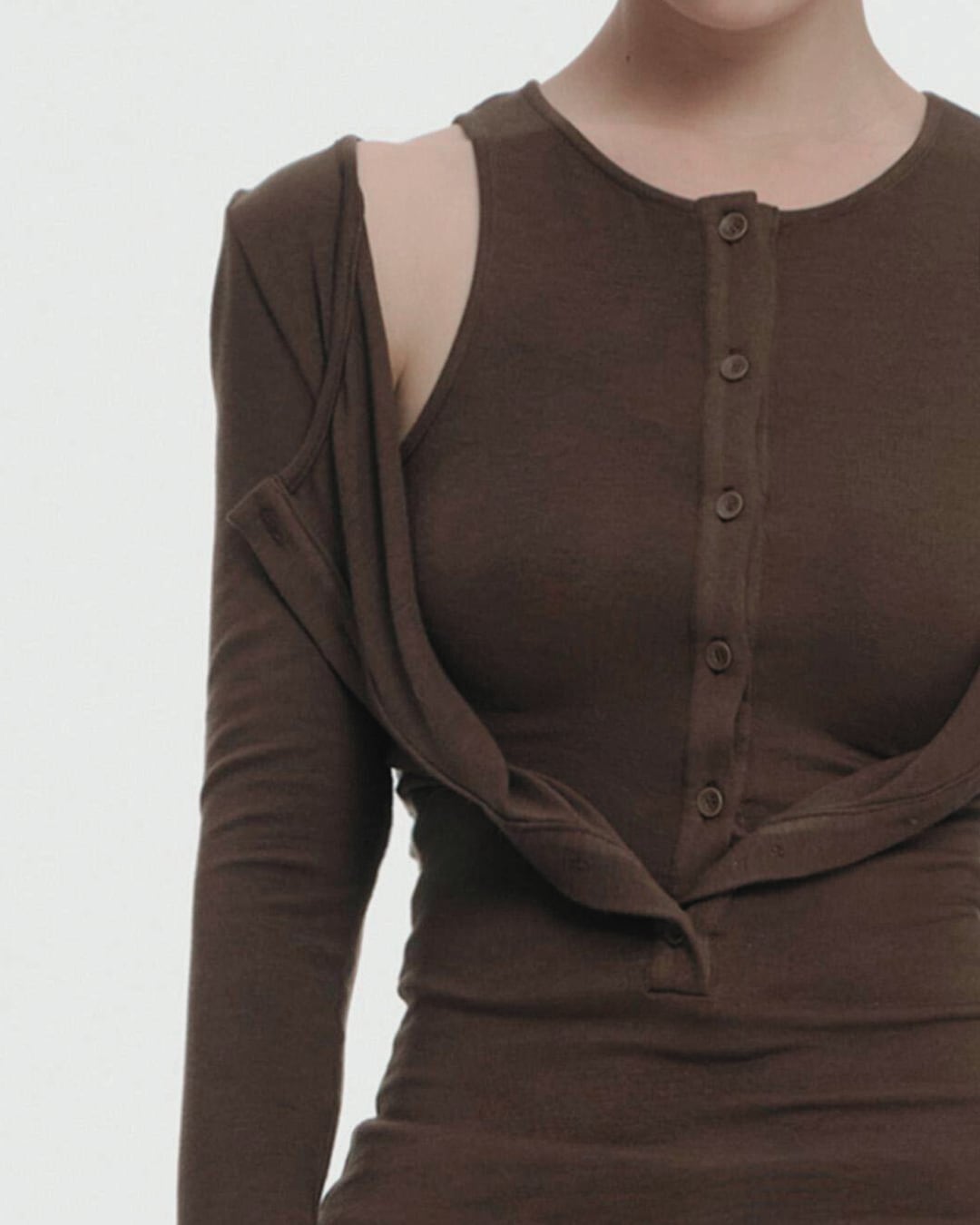 LAYERED CUTOUT HENLEY NECK LONG SLEEVE TOP