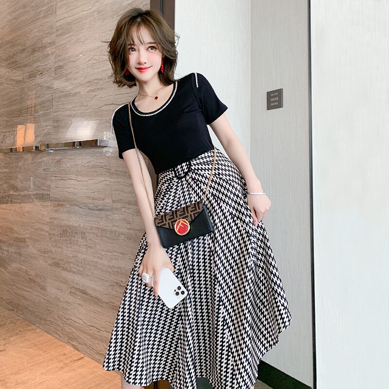 スリムラウンドネックTシャツ スタンダードプリント柄ハイウェストウェストスカート サマー レトロ 夏物 Oネック MIUCO90675529824