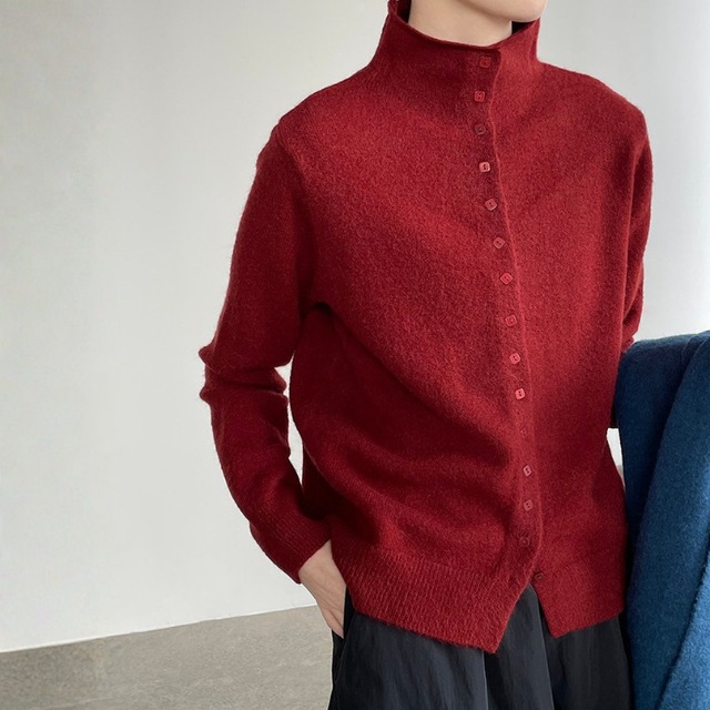 Iラインボタンハイネックニットカーディガン　A01926