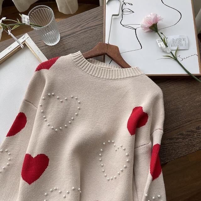 韓国デザイン♡優しい雰囲気　合わせやすいハート柄　パール付き　ニット　セーター
