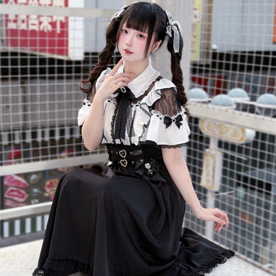 ゴスロリ｜黒レースオフショルセットアップ（白×黒）撮影会向け