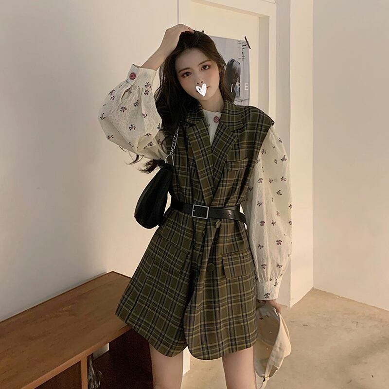 格子柄レディーススプリングオータムノースリーブジャケット レッドスタンダード レトロ 春物 秋物 試着室49425881335