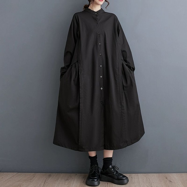 BLACK STAND COLLAR A-LINE MIDI SHIRT DRESS 1color M-8632