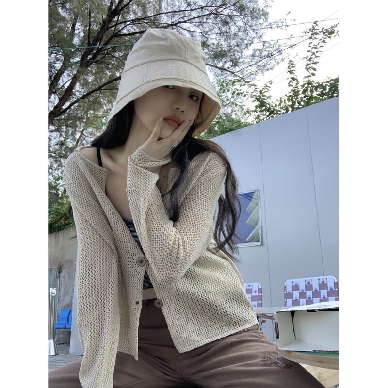 スタンダードニットカーディガンジャケット スプリングオータム薄手ブラウス サマーショートVネック ロング レトロ 春物 夏物 秋物 YY-ファッション77948061603