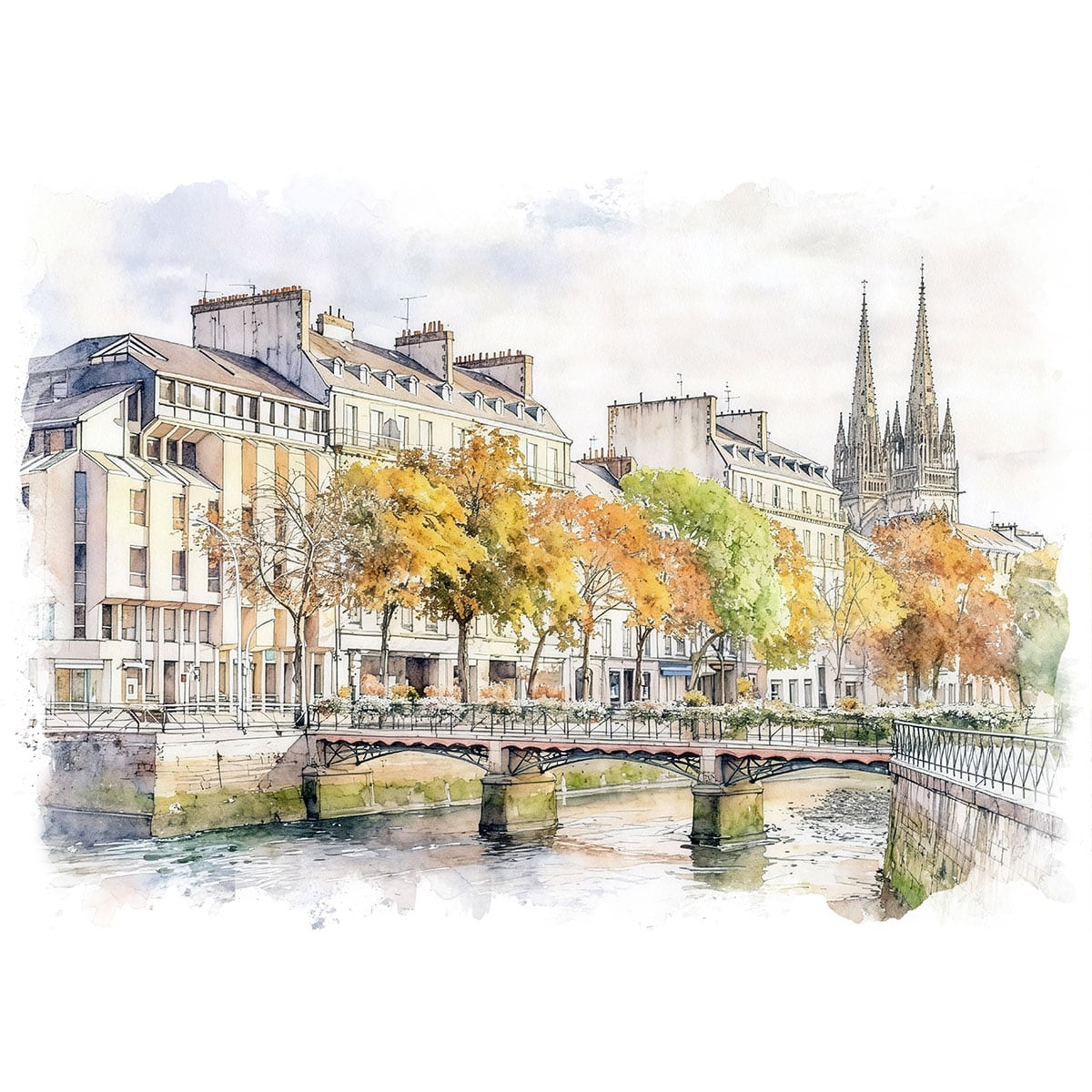 絵画 風景画(街並み) フランス ブルターニュの橋 インテリアアート額付き 水彩画・油絵調 WAT0564