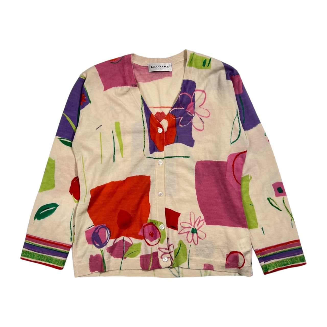 LEONARD レオナール アート風 花柄 デザイン Vネック ウール ニット カーディガン 40/レディース