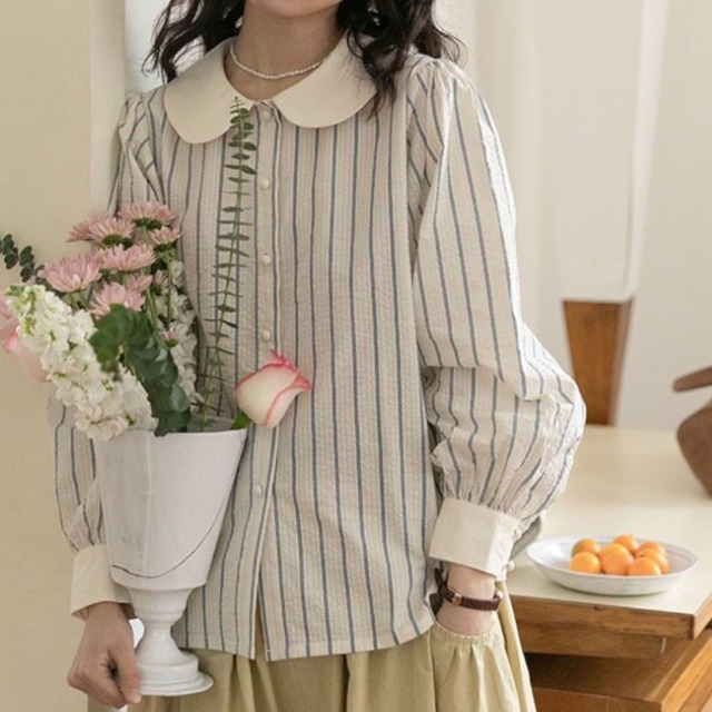 ストライプ柄丸襟ブラウス　M2241