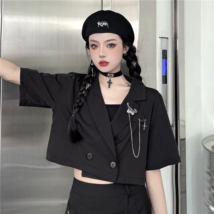 サマーショートトップス ダークブラックカラーシャツ ルーズジャケット 夏物 ケッペル47229763445