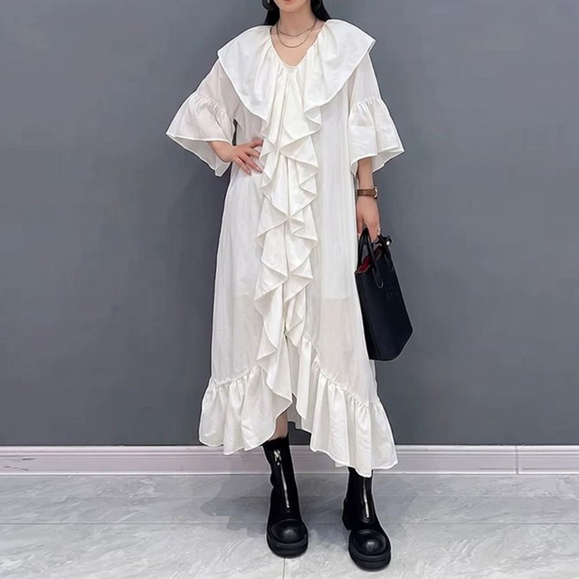 RUFFLED LARGE COLLAR FLARED ASYMMETRIC DRESS M- M-17947