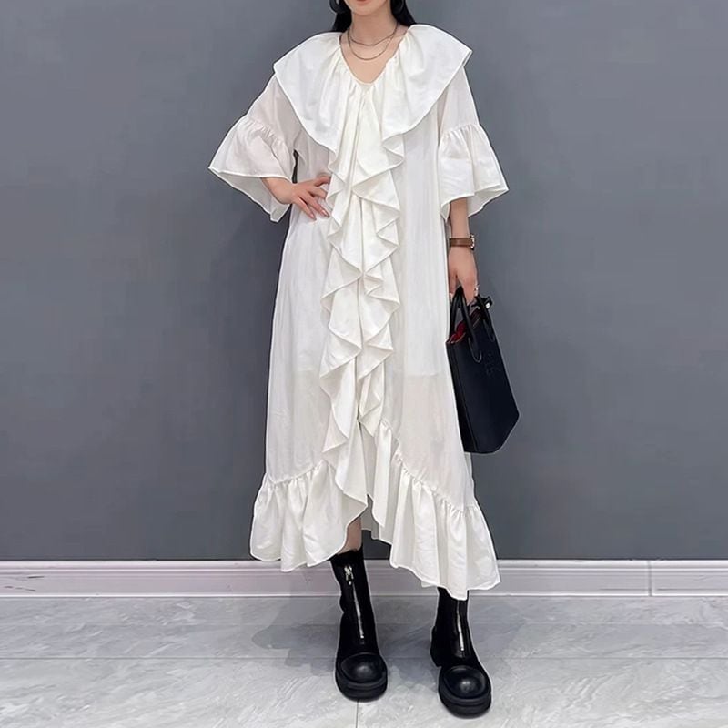 RUFFLED LARGE COLLAR FLARED ASYMMETRIC DRESS M- M-17947