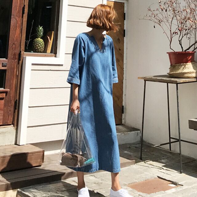 S/M/L/XL レディース ワンピース デニム 七分袖 マキシ丈 ミモレ丈 ロング丈 カジュアル 春秋 オーバーシルエット ゆったり