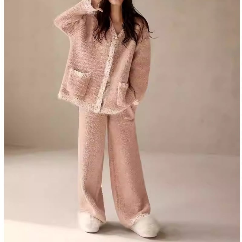 【M-2XL】half-edge velvet v-neck cardigan style pajamas p1557