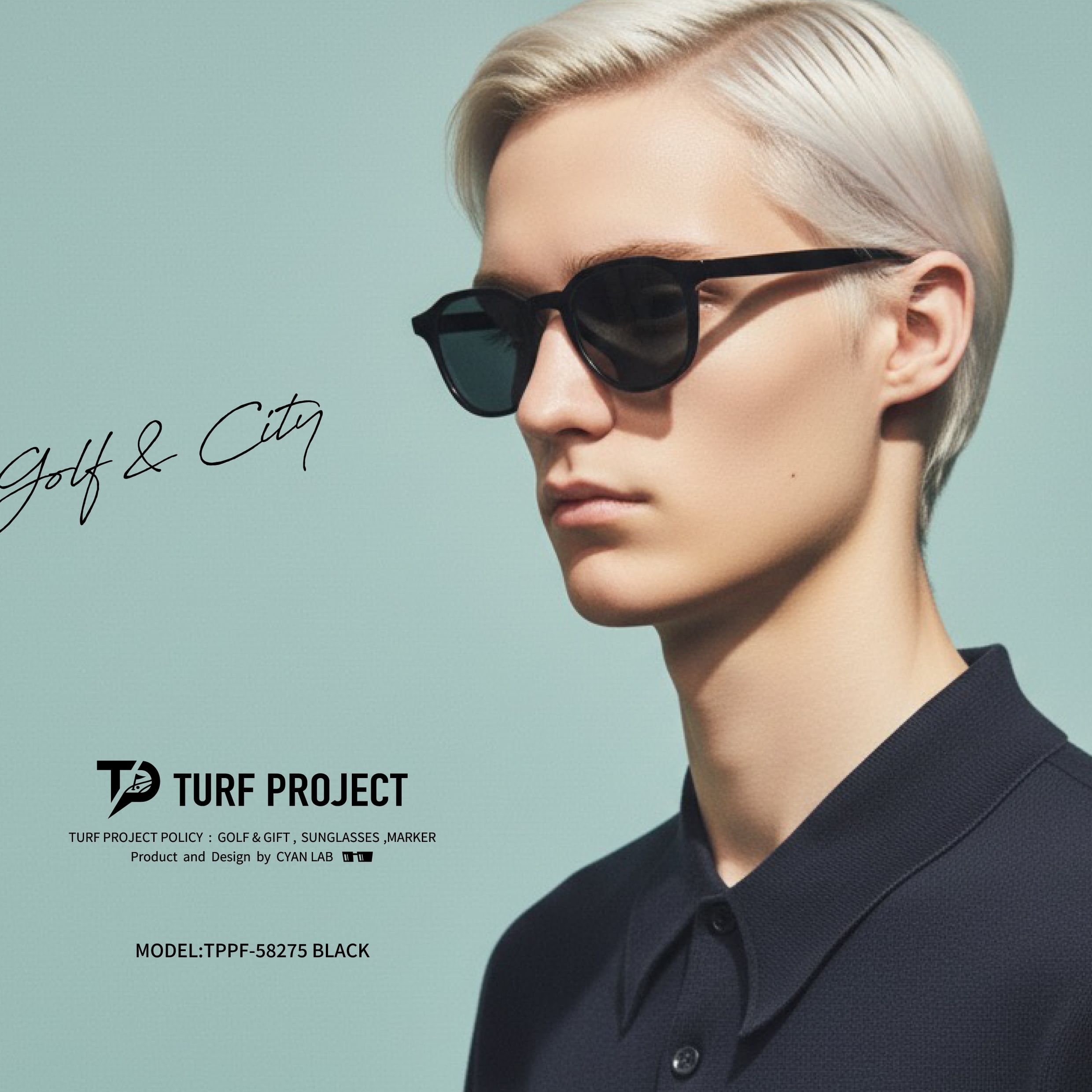 TURF PROJECT偏光サングラス(日本製偏光レンズ搭載)  ［クラウンパント］男女兼用  運を呼ぶ和柄デザイン付き  軽量アジアンフィット  UV100％カット/UV400    ケース付き  ゴルフ/普段使い/アウトドア/サイクリング/ドライブ/運転 / 形：クラウンパント　色：ブラック　レンズ：ライトブルー　/ TPPF-58275-col.1 BK