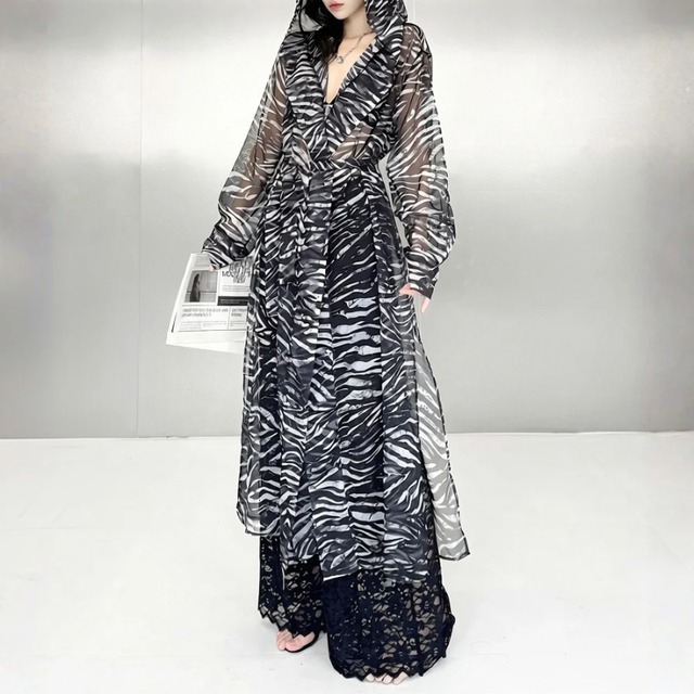 Animal print sheer hooded gown【2color】 C1558