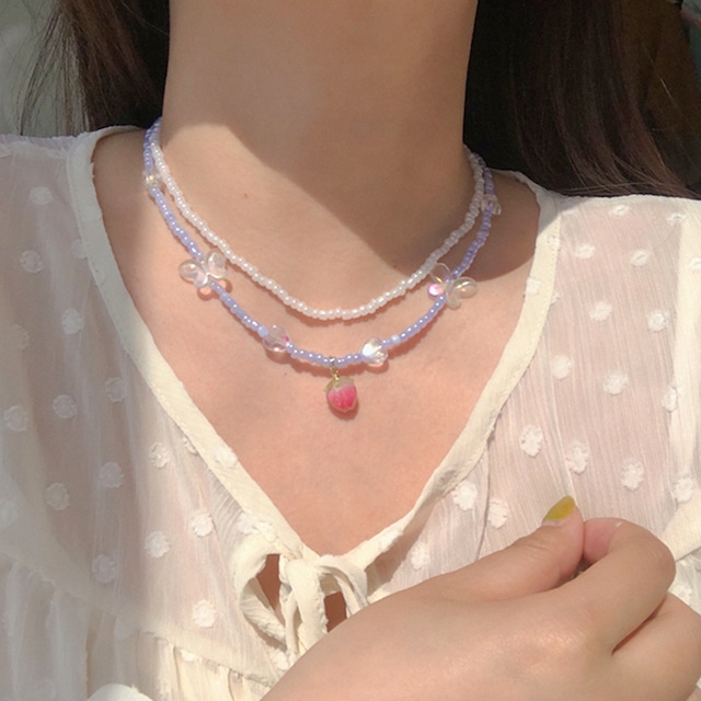 【NECKLACE】韓国風ダブルブルービーズバタフライネックレス